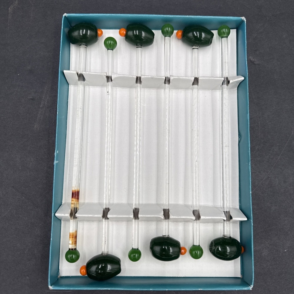 Vintage Hand Blown Glass Drink Stirrers Olives Green GANZ  Set of 6 NOS